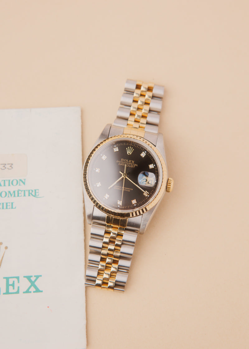 Rolex Datejust 16233 Black Diamond Dial w/Papers - 1989