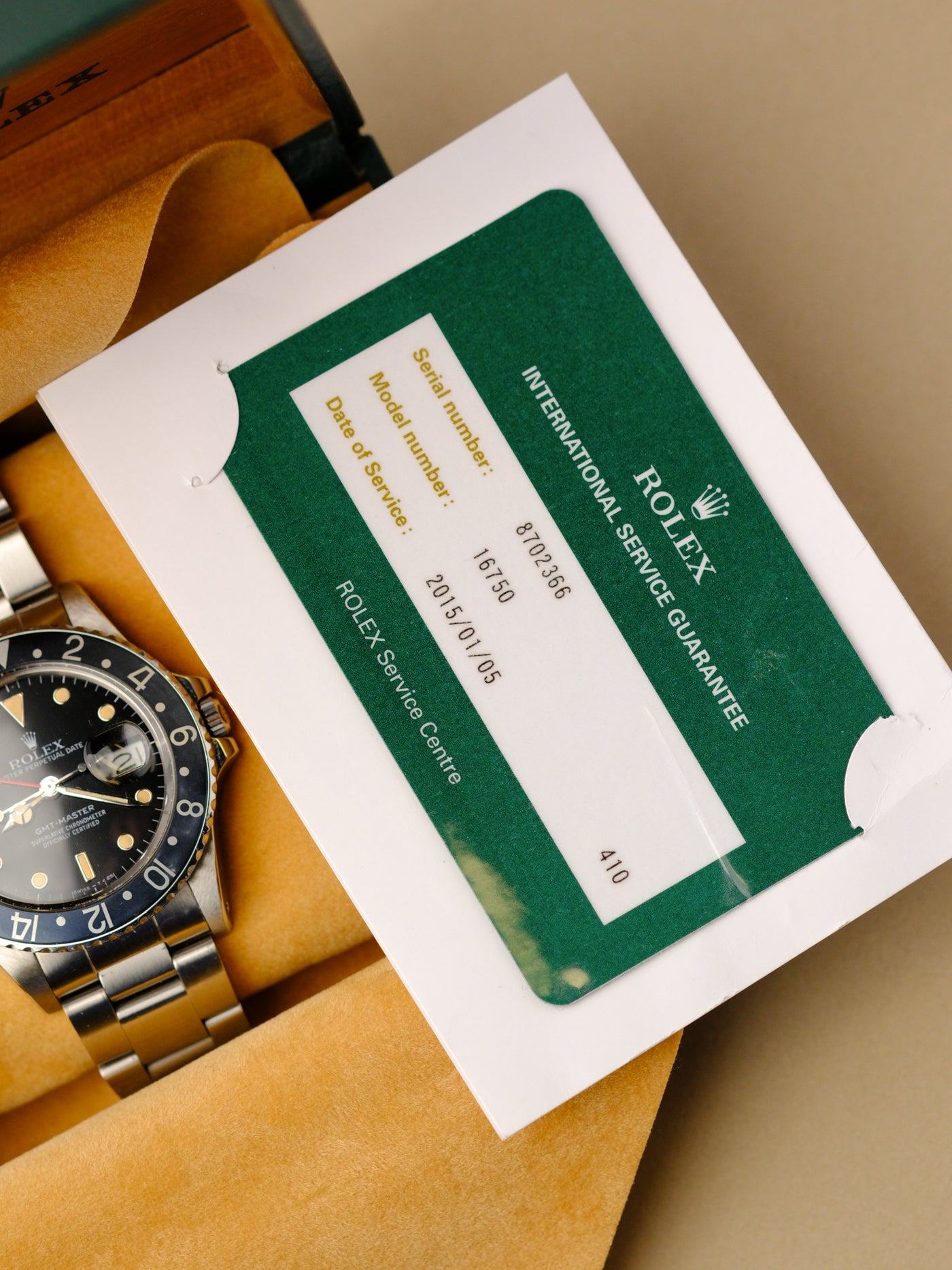 Rolex GMT-Master 16750 Cream Patina Box & Card - 1985 – 25 Dials
