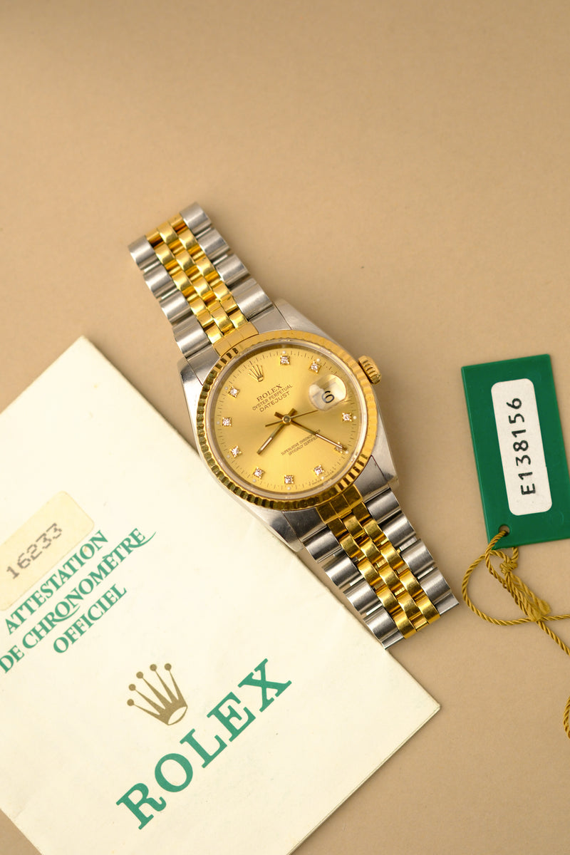 Rolex Datejust 16233 Diamond Dial w/Papers & Serial Tag - 1990