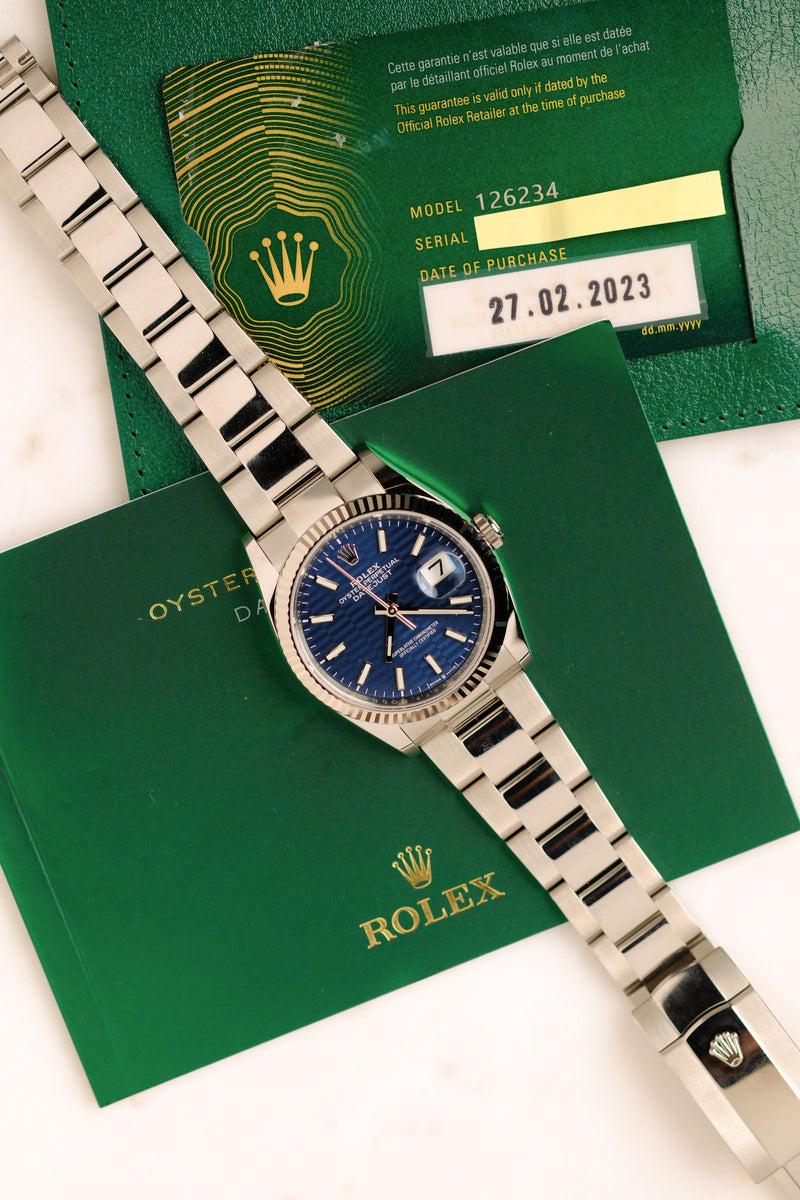 Rolex Datejust 126234 Blue Motif Dial w/Card & Manuals - 2023