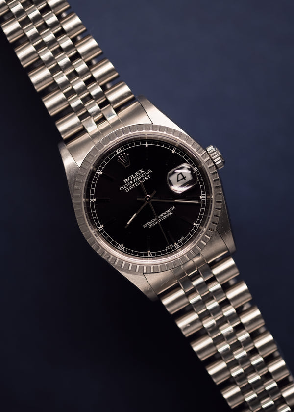 Rolex Datejust 16220 Black Roman Track Dial w/Papers - 2002